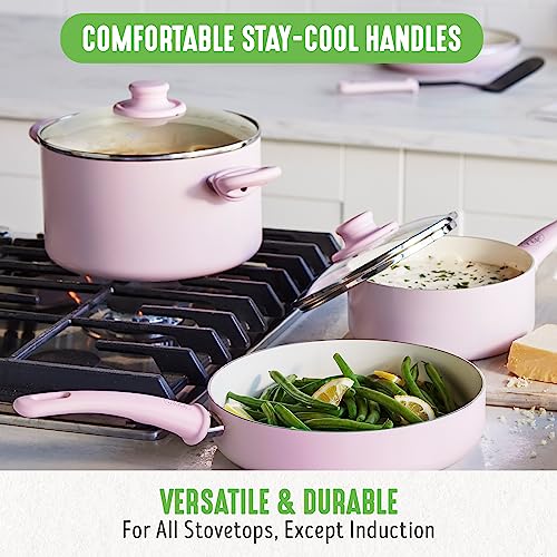 Soft Grip Healthy Ceramic Nonstick 18 Piece Kitchen Cookware Pots and Frying Sauce Saute Pans Set (18 Piece Cookware Set / Soft Pink)