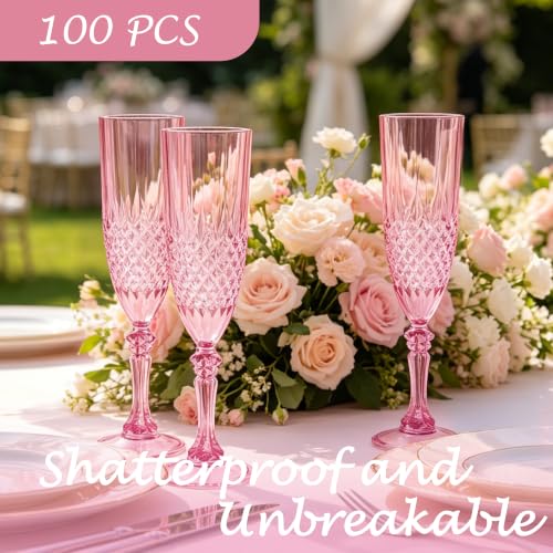100 Pack Plastic Champagne Flutes (Pink)