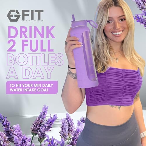 32oz Glass Water Bottle with Straw Lid & Time Marker (Lavender Sleeve)
