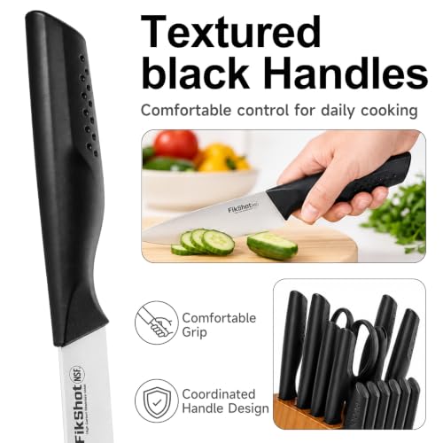 15 Piece Kitchen Knife Set with Block & Built (Natural Wood-Colored & Black)