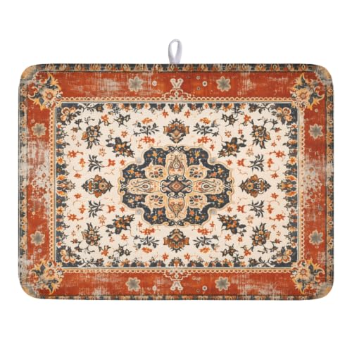 Ethnic Boho Dish Drying Mat Rust Coral Floral Decorative Dishes Pad 18x24 Inch Absorbent Fast Dry Drainer Rack Mats for Kitchen Countertop (Ethnic Boho Orange / 18x24 inch)