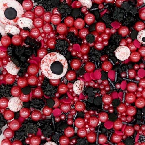 Red & Black Spiders Eyes Sprinkles Mix Size Halloween Themed Cake Decorations Cupcake Toppers Perfect for Wedding Valentine Supplies 4.58OZ (Red&Black-Spider&Eyes&Bats)