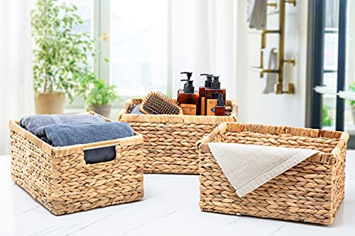 Large Wicker Basket Rectangular with Wooden Handles for Shelves (Water Hyacinth / 3-Pack Large (14.5"L x 10.3"W x 7.5"H))
