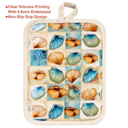 Pot Holders Set of 2 Heat Resistant 480 ℉Non Slip Clear Silicone Printed Comfortable Cotton Lining Kitchen Women Men Cooking Baking Microwave Machine Washable (Shell, Beige Potholders)
