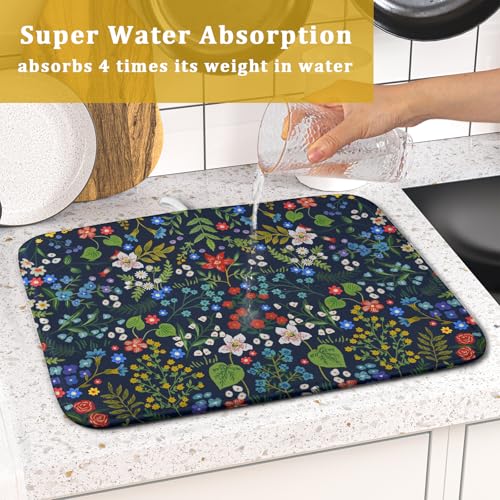 Flower Floral Dish Drying Mat Microfiber Navy Blue Absorbent Drying Pad for Kitchen Counter Small (Colored Flower / 18" x 16")