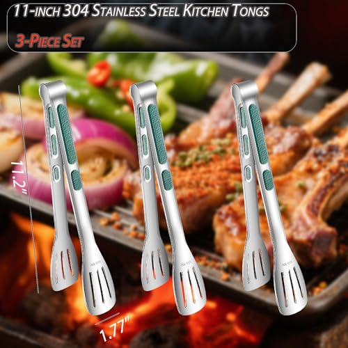 Stainless Steel Kitchen Tong Set (11inch / 3Pcs Green)