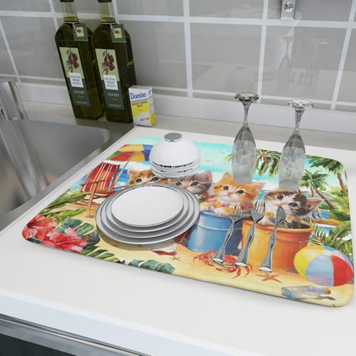 Lovely Cat Dish Drying Mat for Kitchen Counter Holiday Beach Absorbent Coffee Bar Mat 18 X 24 In (Lovely Cat Blue / 24" x 18")