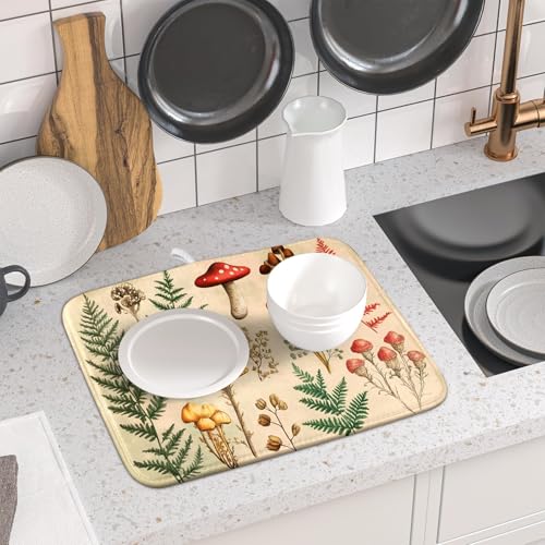 Ferns Leaves Dish Drying Mats Woodland Forest Mushrooms Reversible Drainer Mats 16 X 18 Inch (Ferns Mushrooms 1101 / 18" x 16")