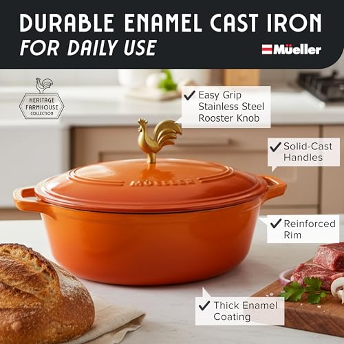 MUELLER HOME 5.5 Quart Enameled Cast Iron Oval Dutch Oven w Rooster Knob & Cotton Potholders (5.5 Quart -Oval / Orange)