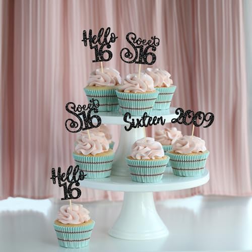 24Pcs Happy 16th Birthday Cupcake Toppers Glitter Hello 16 Sweet 16 Cupcake Picks 2009 Sixteen Old Birthday Cake Decorations for 16th Birthday Anniversary Party Supplies Black (24 Count)