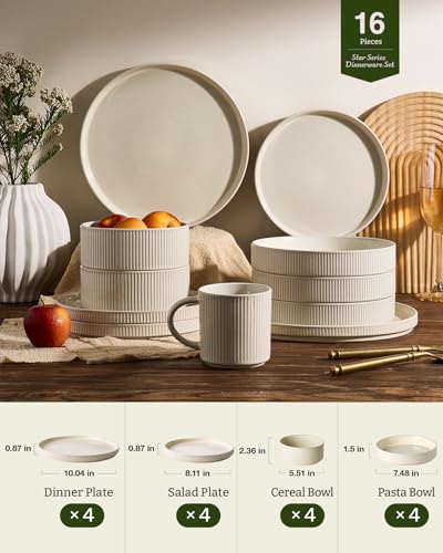 Star Stoneware Dinnerware Sets with Pasta Bowls (Oat White / Service for 4 - Double Bowls)