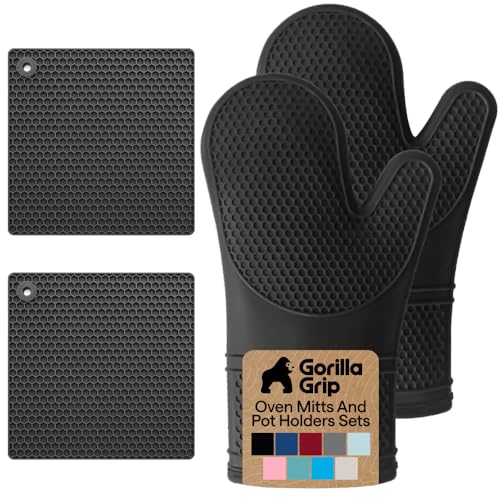 BPA Free Silicone Oven Mitts and Pot Holders Set (Black / 12.5" Oven Mitts + 7" Trivets)
