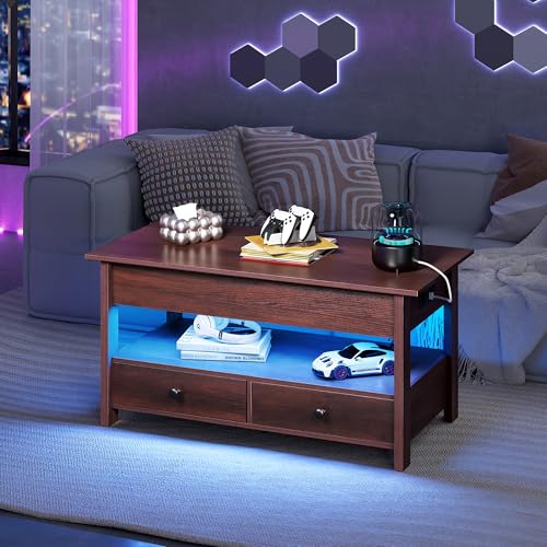 Lift Top Coffee Table with 2 Drawers Storage (Espresso+led / 39" With LED)