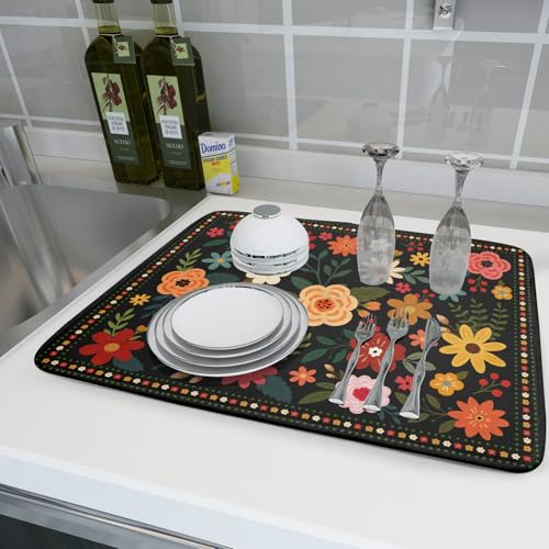 Boho Floral Dish Drying Mat 18x24 Inch Colorful Flower Dishes Dry Mats Absorbent Washable Drainer Rack Pad Protective Kitchen Counter Decor (Black Boho Floral / 24" x 18")