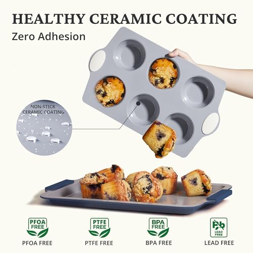 2-Pack 6-Cup Non Toxic Nonstick Ceramic Jumbo Muffin Pan & Cupcake Tin, PFOA & PFOA Free, Heavy Duty Rust-Resistant Aluminized Steel, Oven Safe, Cream White (Cream / 6 Cup Jumbo Muffin Pan (2 pack))