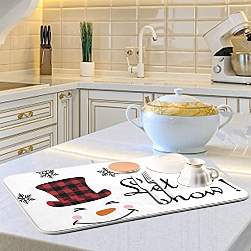 Super Absorbent Dish Drying Mat (Watercolor Cute Christmas Winter Snowman / 16" x 18")