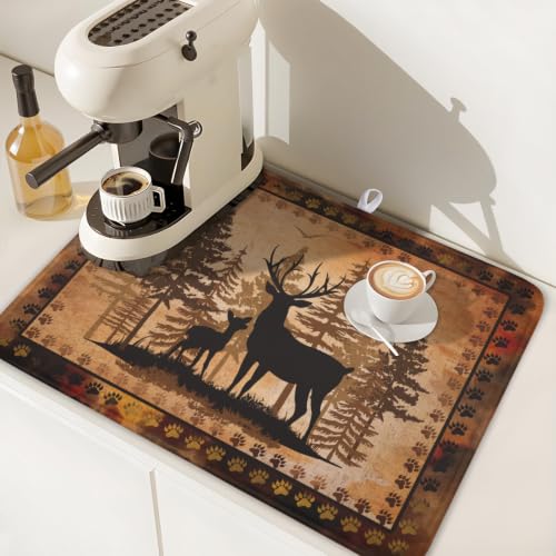 Forest Deer Dish Drying Mat Wildlife Animal Dishes Pad 18"x24" Microfiber Absorbent Fast Dry Drainer Rack Mats for Kitchen Countertop Decor (Forest Deer Brown / 18x24 inch)