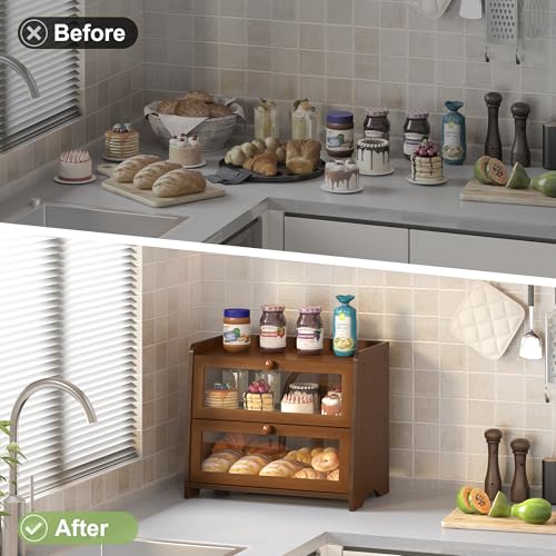 Double Layer Bread Box Container for Kitchen Countertop Homemade Bread (Brown / 2 Tier-Medim)