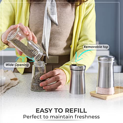 Salt and Pepper Shakers set with Adjustable Pour Holes (Black & White Shakers Set + Bamboo Stand)