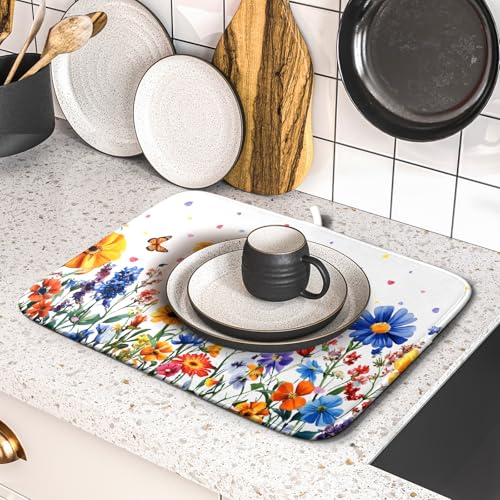 Watercolor Flower Dish Drying Mat 16x18 Inch Floral Butterfly Dish Drainer Protector Pad Washable Reversible Kitchen Counter Dish Dry Pad (Watercolor Flower / 16" x 16")