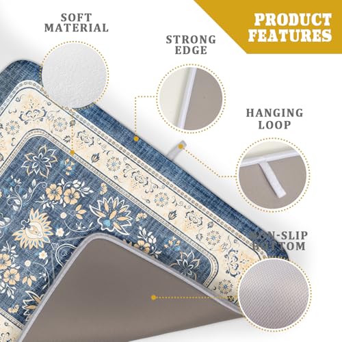 Blue Boho Dish Drying Mat for Kitchen Counter 18x24 Inch Fast Dry Drying Pad Vintage Floral Dish Drainer Rack Mats Coffee Bar Accessories (Blue Boho / 18 x 24 inch)