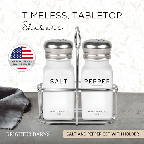 White Salt and Pepper Shakers Set with Holder by Brighter Barns (2 Count)