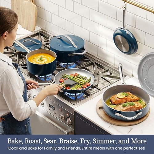 Premium Ceramic Sauté Pan with Lid (Navy Blue)