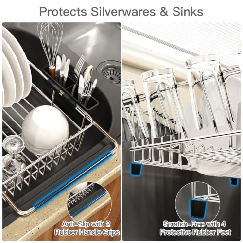 Expandable Dish Drying Rack Over Sink with Anti (Silver / For 11.5"-16" W Sink with Cup Holder)