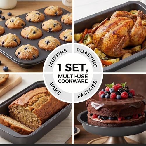 Non-Stick 6-Piece Bakeware Set – Carbon Steel with Even Heat Distribution, Oven Safe to 446°F, BPA-Free, Dishwasher Safe, Stackable Baking Tools for Easy Storage and Everyday Cooking - Gray