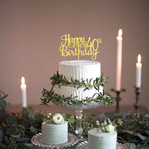 1 PCS Happy 40th Birthday Cake Topper Gold Glitter Cheers to 40 Years Birthday Cake Pick 40 Fabulous Cake Decoration for Happy 40th Birthday Anniversary Party Decorations Supplies (Gold / 40th)