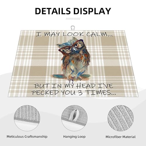 Kitchen Drying Mat Funny Owl Dish Drainer Mat for Kitchen Counter Microfiber Absorbent Reusable Washable 18x24 Inch Home Holiday Decor Cute Buffalo Plaid Drying Pad (Funny Owl / 18 x 24 inch)
