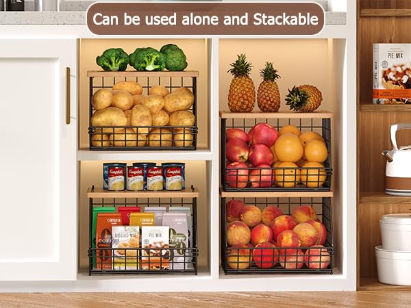 2 Set Stackable Wire Basket with Wooden Tops & Pad for kitchen organizers and storage (2pcs*11.8"*11.8"*18.9")