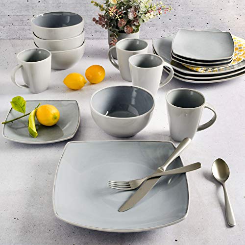 Soho Lounge Square Reactive Glaze Stoneware Dinnerware Set (Service for 4 (16pcs) / Light Grey (Soho Lounge))