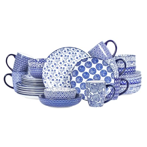 30 Pieces Ceramic Dinnerware Sets for 6 (Vintage Blue A / 30 Pieces)