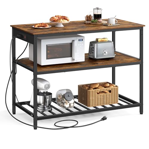 Kitchen Island with 3 Shelves (47.2"W x 34.9"H / with Power Outlets / Rustic Brown + Black)