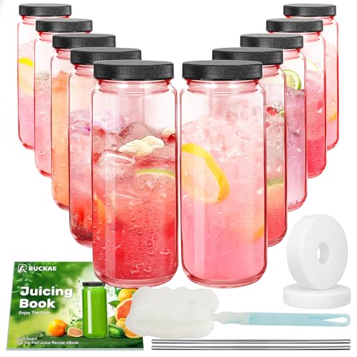 Pink 10pack 16oz Glass Juice Bottles with Lids & Straws & Juicing Recipe (Pink / 16oz-10pack)