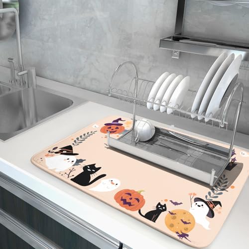Fuuny Ghost Dish Drying Mats Holiday Decor Drying Pad Black Cat Drainer Rack Mats for Coffee Bar 18 X 24 Inch (Ghost 240820 / 24" x 18")