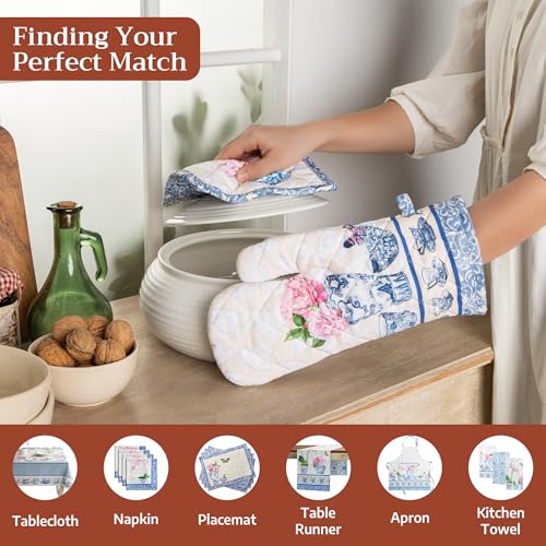 100% Cotton Oven Mitt & Pot Holder Set (017 - Canton / 7.5" x 13" & 8" x 8" (Oven Mitt & Pot Holder))