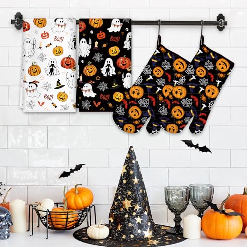 Halloween Pumpkin Kitchen Towels and Oven Mitts Set (Halloween)