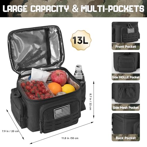 Tactical Lunch Bag for Mens Military Heavy Duty Lunch Box Work Leakproof Insulated Durable Thermal Cooler Bag for Adult Meal for Office Camping Picnic Pail MOLLE Webbing Black
