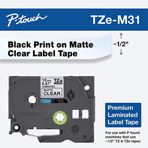 P-Touch TZe-M31 Black Print on Premium Matte Clear Laminated Tape 12mm (0.47”) Wide x 8m (26.2’) Long, TZEM31 (Black on Premium Matte Clear / 12mm (0.47”) / Pack of 1)