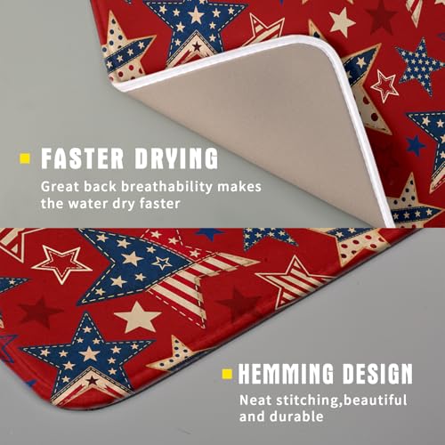 4th of July Dish Drying Mat for Kitchen Counter Patriotic Red Absorbent Dishes Dryer Pad (Patriotic Stars Red / 18" x 16")