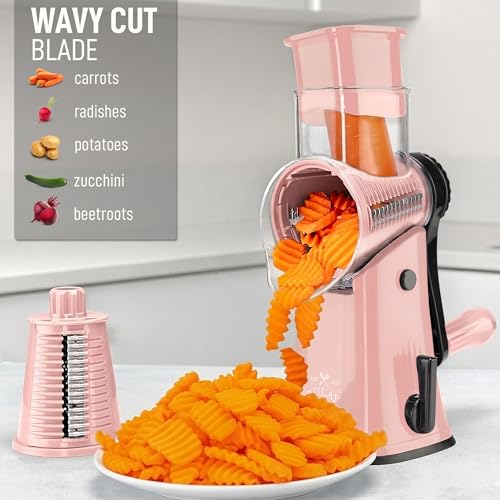 Rotary Cheese Grater Manual Hand Crank 5 Blade Shredder (5 Blades / Peach & Black)