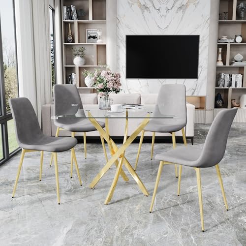 36" Square Glass Dining Table Set for 4 (Gold Square Table/Grey Velvet Chairs / 5 Pieces)