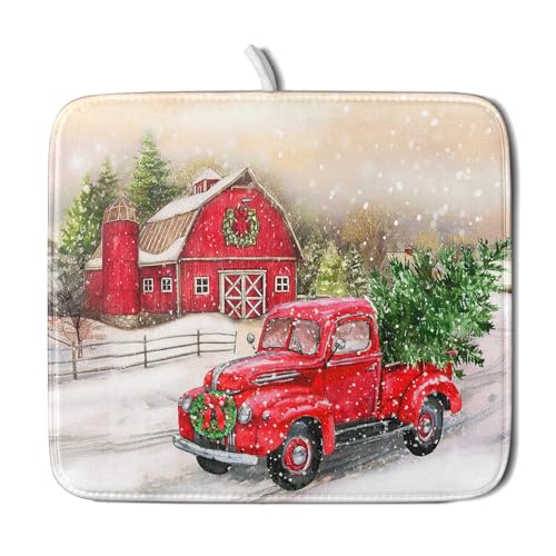 Red Truck Dish Drying Mat Xmas Tree Dish Drainer Rack Mat Winter Microfiber Absorbent Drying Pad for Home Kitchen Counter Decor 16x18 Inch (Xmas Red Truck / 16" x 18")