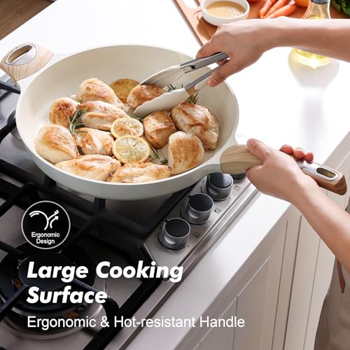 12.5inch Ceramic Nonstick Frying Pan Paella Pan with Lid (12.5 Inch / CREAM White)