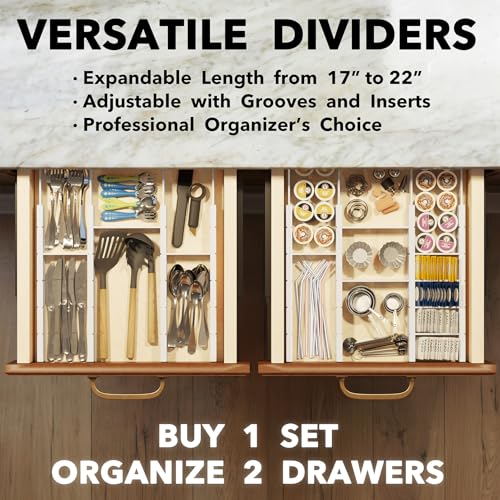 Bamboo Drawer Dividers with Inserts and Labels (2.35''H, 17''-22''L, 10 Dividers / WHITE)