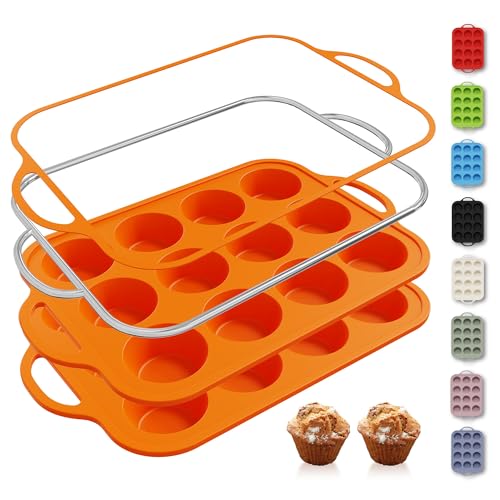 2 Packs 12 Cups Silicone Muffin Pan with Metal Reinforced Frame Regular Size Cupcake Pan Tray Egg Bites Silicone Cookie Molds Muffin Tin Tart Pans Baking Set for Easter Christmas holiday Cookie (Regular / Orange)