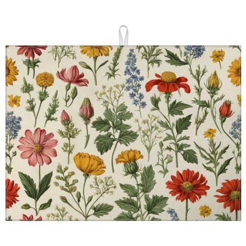 Spring Wild Flower Dish Drying Mat for Kitchen Counter Microfiber Absorbent Dish Kitchen Drying Mat Draining Reusable Washable for Dishes