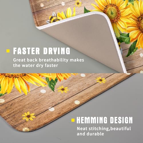 Sunflower Bee Dish Drying Mat for Kitchen Counter Home 16x18 Inch Wood Barn Microfiber Drainer Rack Mats Washable Absorbent Dish Dry Pad (Sunflower Bee Wood / 16" x 18")